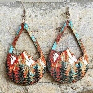 Mountain Scene Teardrop Dangle Earrings Womens Boho Rustic Nature Statement